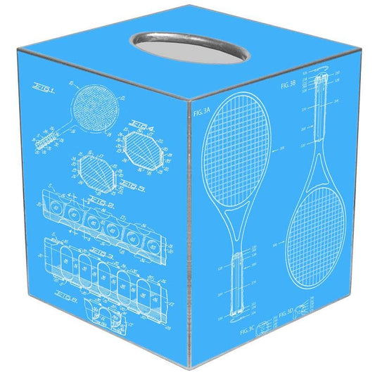Marye-Kelley - Blue Tennis Racket Patents Tissue Box Cover: Paper Mache