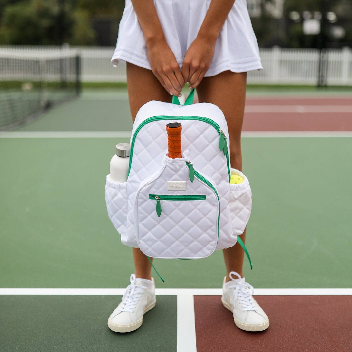 Pickleball Time Backpack: Quilted White Green