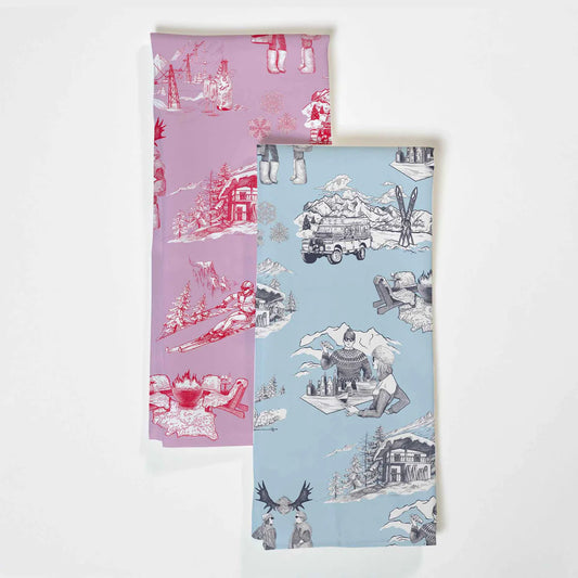 Aprés Ski Toile Tea Towel Set - Cranberry Light Blue