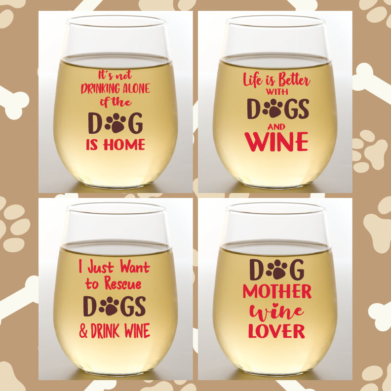 WINEY DOGS Unbreakable Tritan Stemless Plastic Wine Glasses: 4pk
