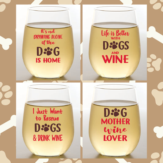 WINEY DOGS Unbreakable Tritan Stemless Plastic Wine Glasses: 4pk