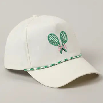 Green Tennis Racquets Ribbon Embroidery Trucker Hat