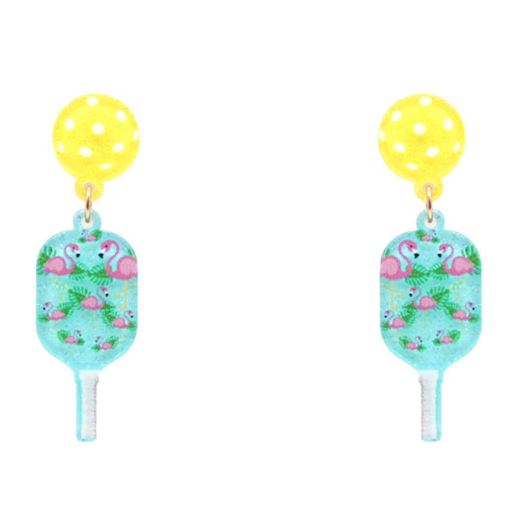 Flamingo Print Pickleball and Teal  Paddle Post Earrings