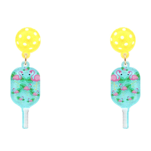 Flamingo Print Pickleball and Teal  Paddle Post Earrings