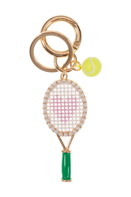 Green Sports Tennis Racket Enamel With Rhinestones Keychain