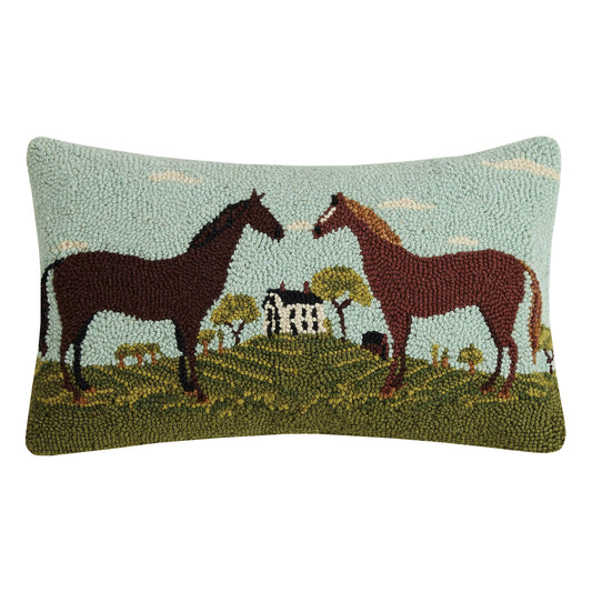 Peking Handicraft - Black And Brown Horses Hook Pillow - Warren Kimble