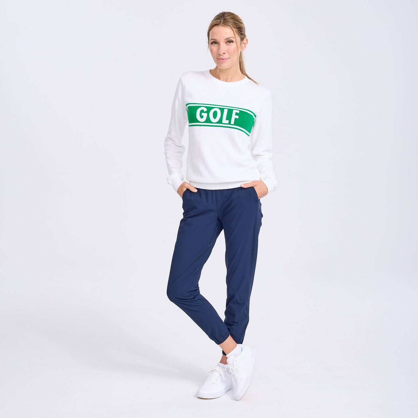 Ame & Lulu - Club Sport Sweater: White Green Golf