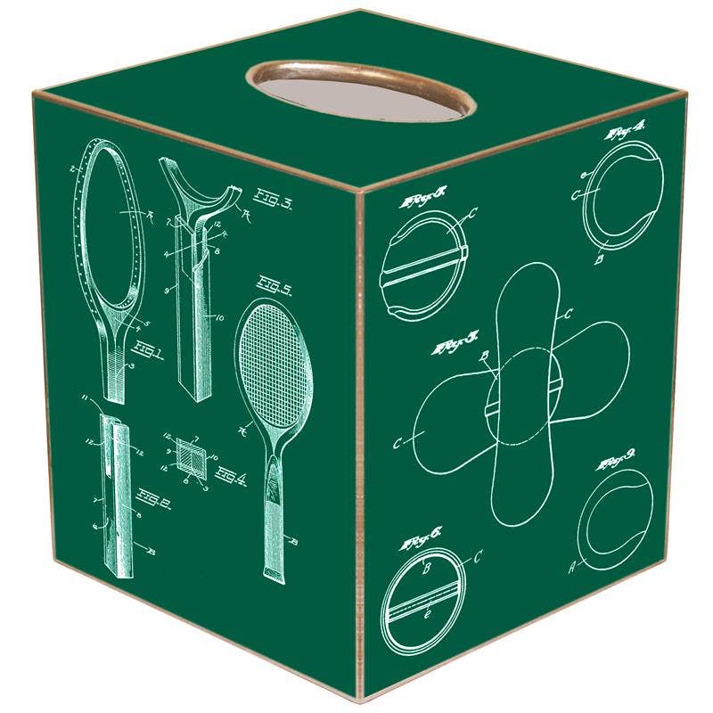 Marye-Kelley - Green Tennis Racket Patents Tissue Box Cover: Paper Mache