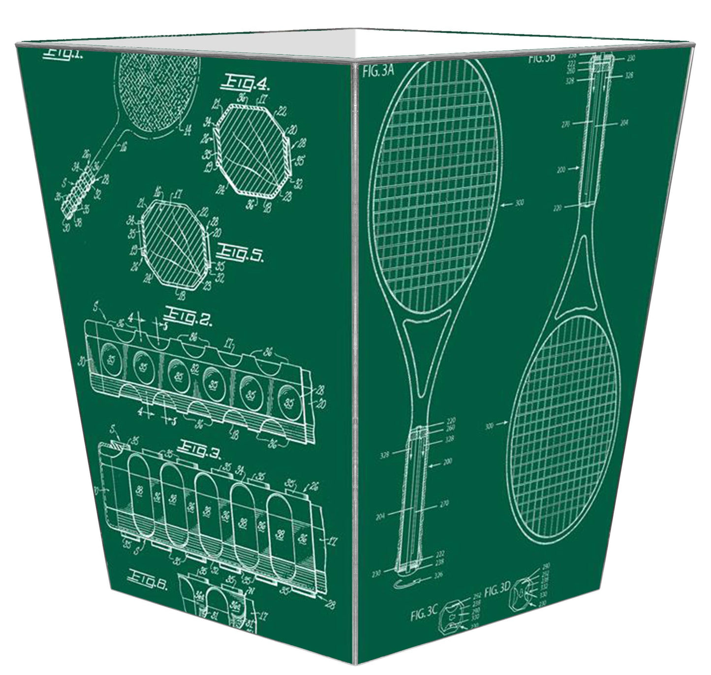 Marye-Kelley - Vintage Tennis Raquet Patents Wastepaper Basket Green: Flat Top