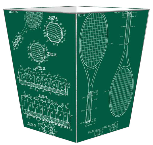 Marye-Kelley - Vintage Tennis Raquet Patents Wastepaper Basket Green: Flat Top