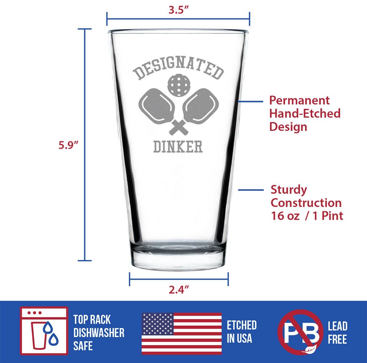 bevvee - Designated Dinker Pint Glass for Beer - Pickleball Gifts