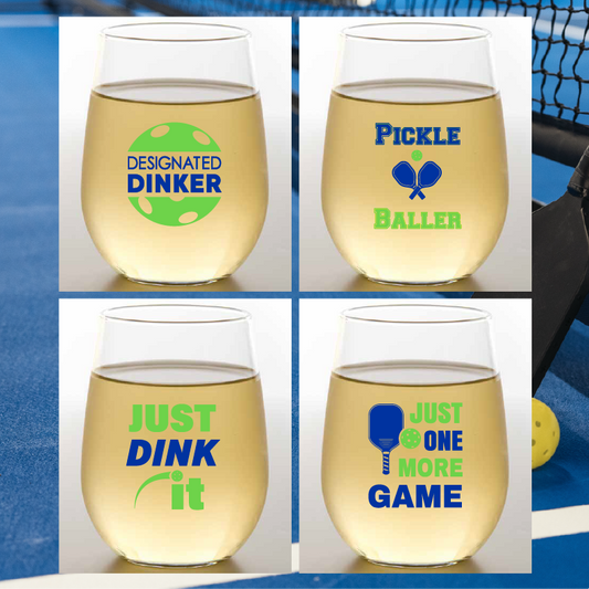 PICKLEBALL SAYINGS Unbreakable TRITAN Plastic Wine Glasses: 4pk