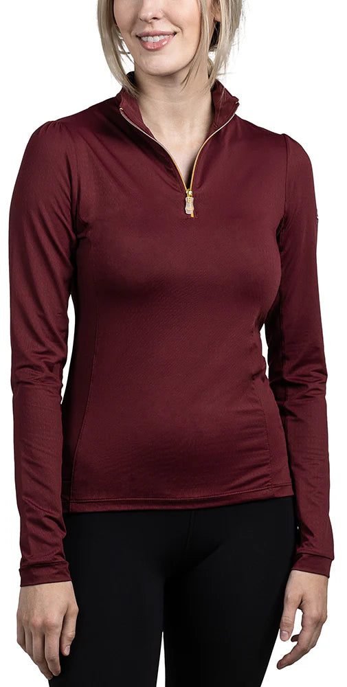 1/4 Zip Long Sleeve Shirred Shoulder - Tawny Port with Gold Zipper