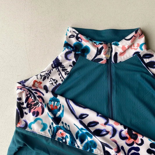 1/4 Zip Raglan Long Sleeve - Teal Ikat Paisley