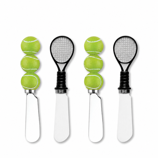 Four tennis-themed cheese spreaders: two with stacked tennis ball handles and two with tennis racket handles