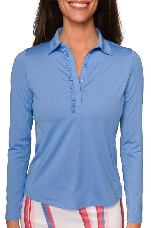 Long Sleeve Ruffle Polo - Zoo Blue